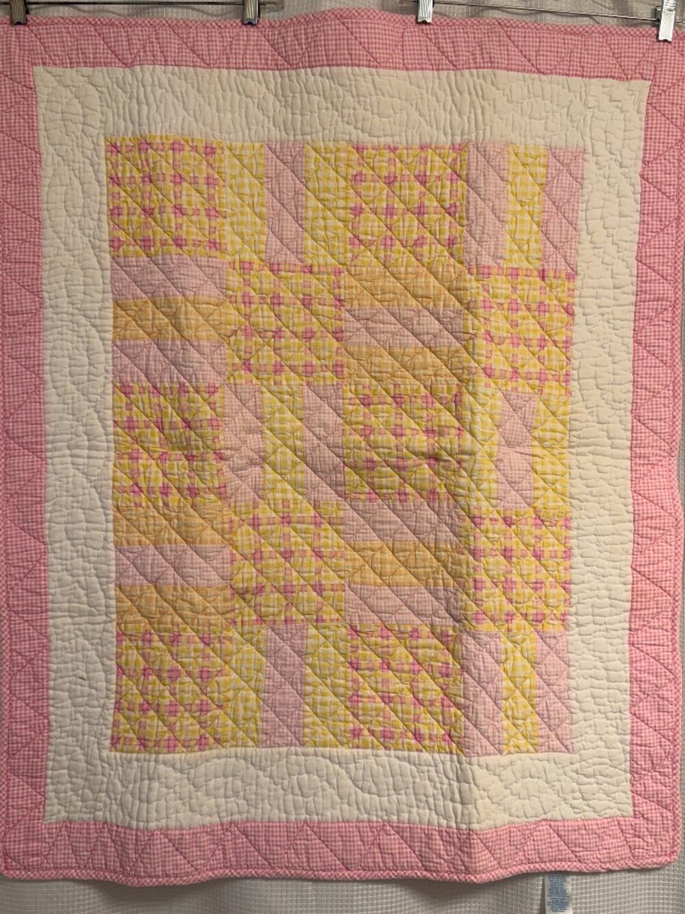 Carter’s Patchwork Baby Blanket Quilt Pink Yellow White Cotton Gingham 33" x40”